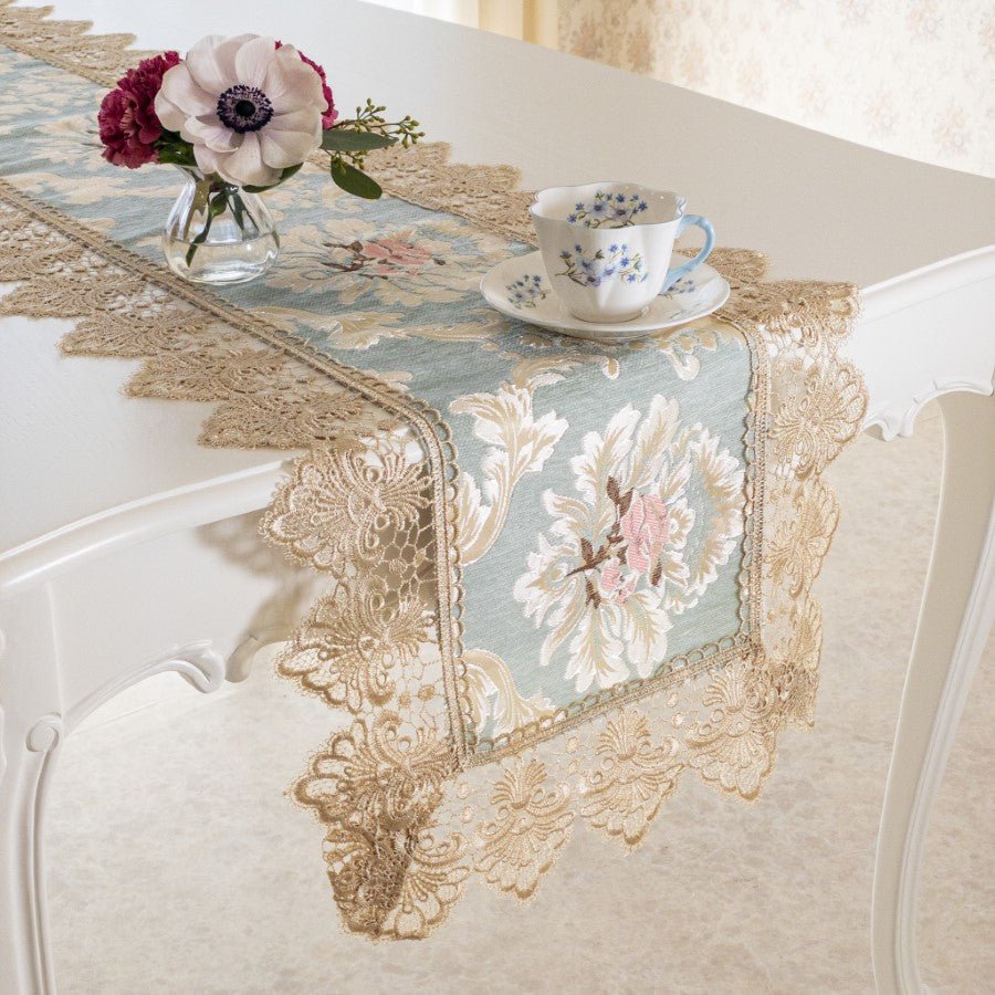 テーブルランナー おしゃれ 青 ブルー 40×180 布 花柄 バラ 刺繍