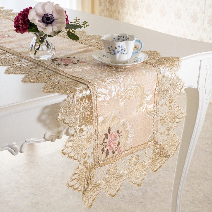 テーブルランナー おしゃれ ベージュ 40×180 布 花柄 バラ 刺繍