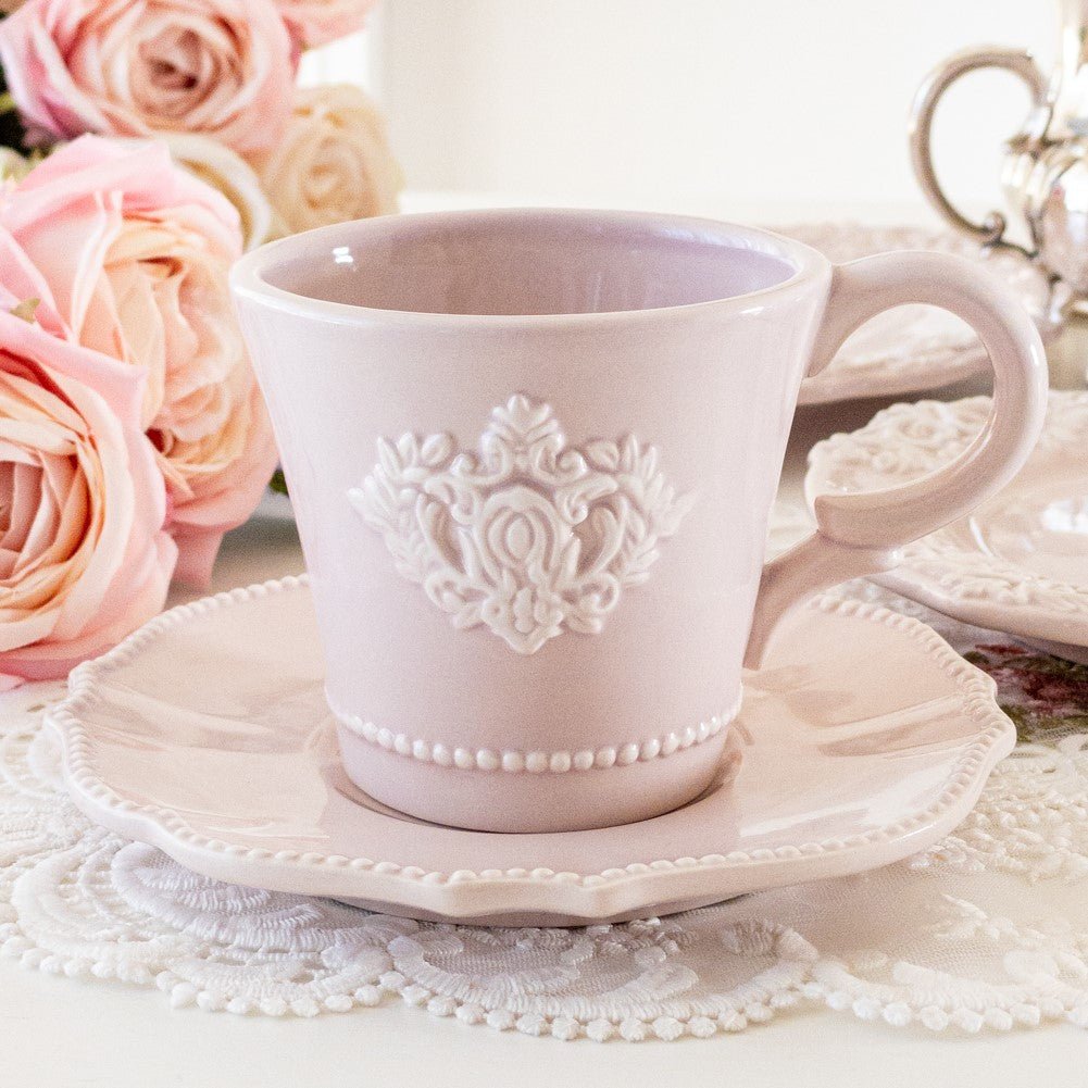 カップ＆ソーサー コーヒー・ティー兼用 240ml ピンク フランスアンティーク風 おしゃれ 陶器 食器 エンブレム