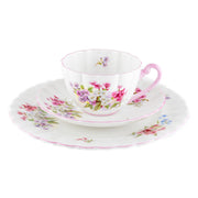 美品 アンティーク イギリス製 食器 シェリー ストック ティーカップ＆ソーサー ケーキ皿プレート セット トリオ ピンク 花柄 花型