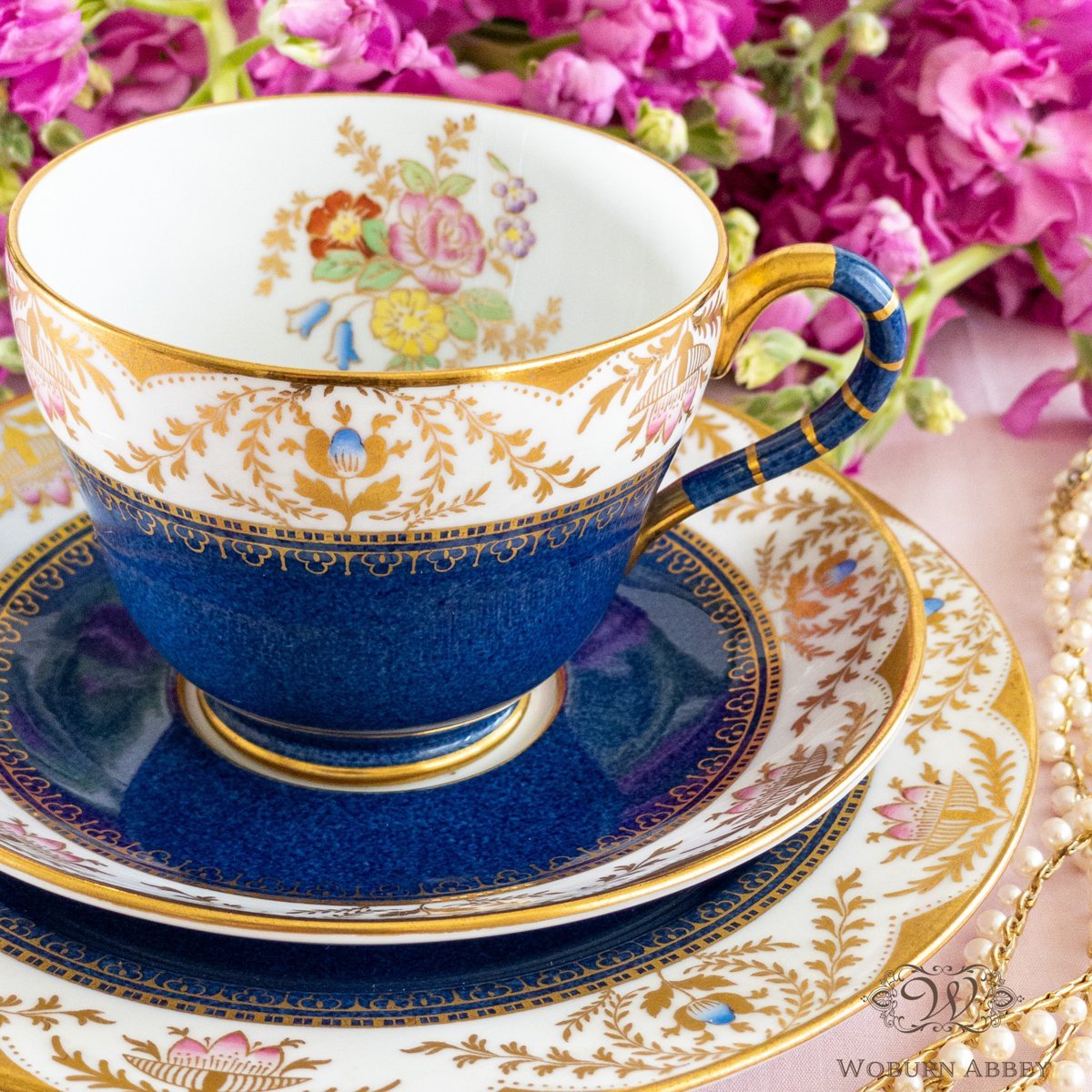 美品 アンティーク イギリス製 食器 コープランド ティーカップ＆ソーサー ケーキ皿プレート セット(3) トリオ 青 花柄