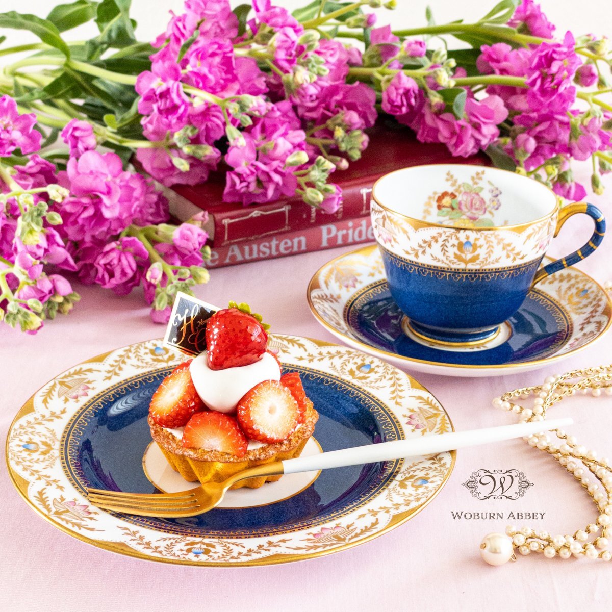美品 アンティーク イギリス製 食器 コープランド ティーカップ＆ソーサー ケーキ皿プレート セット(3) トリオ 青 花柄