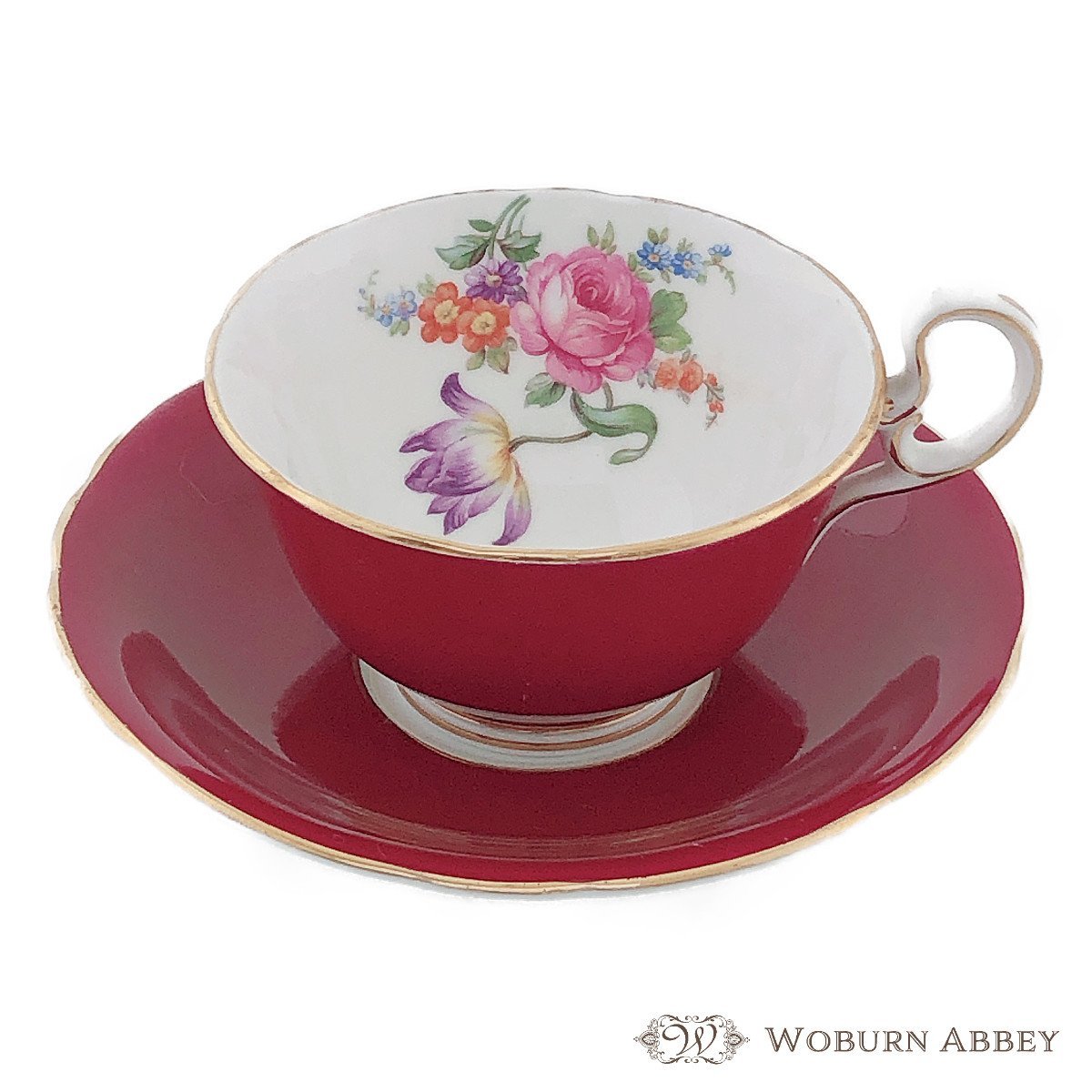 アンティーク イギリス製 食器 エインズレイ ティーカップ＆ソーサー(8) レッド 赤 コーヒー 花柄 おしゃれ