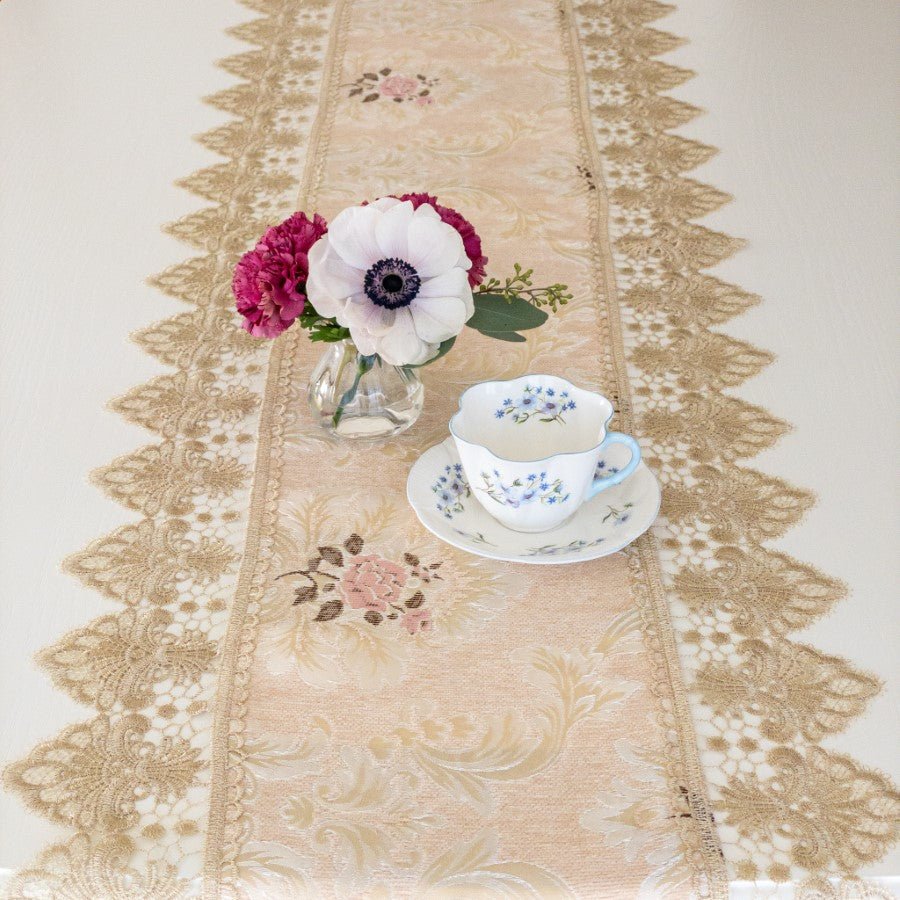テーブルランナー おしゃれ ベージュ 40×180 布 花柄 バラ 刺繍