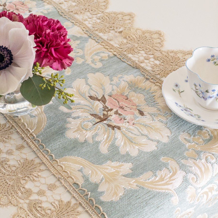 テーブルランナー おしゃれ 青 ブルー 40×180 布 花柄 バラ 刺繍