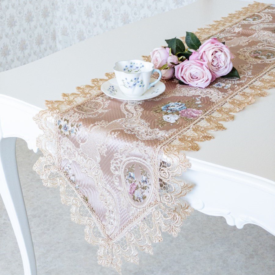 テーブルランナー おしゃれ ピンク 40×220 布 レース 花柄 バラ 刺繍 センター フランスアンティーク風 ロココ