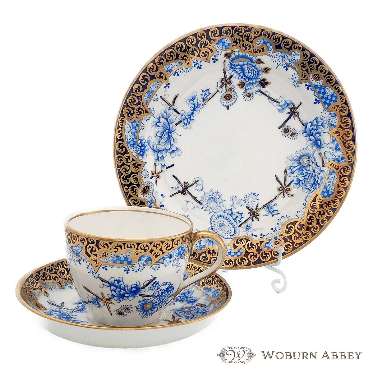 アンティーク イギリス 1891年製 ロイヤルクラウンダービー ティーカップ＆ソーサー ケーキ皿 大皿 セット 青 ブルー 和風 食器
