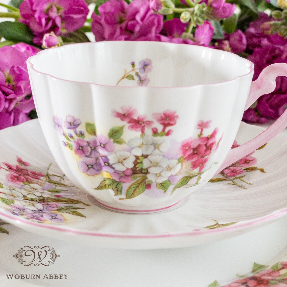 美品 アンティーク イギリス製 食器 シェリー ストック ティーカップ＆ソーサー ケーキ皿プレート セット トリオ ピンク 花柄 花型