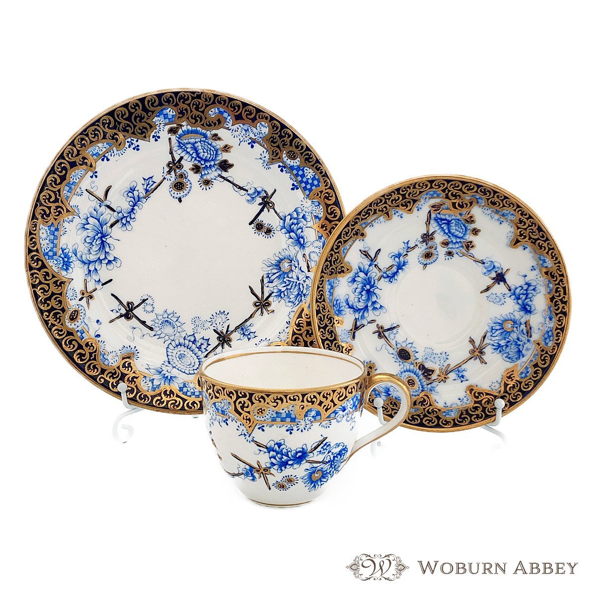 アンティーク イギリス 1891年製 ロイヤルクラウンダービー ティーカップ＆ソーサー ケーキ皿 大皿 セット 青 ブルー 和風 食器
